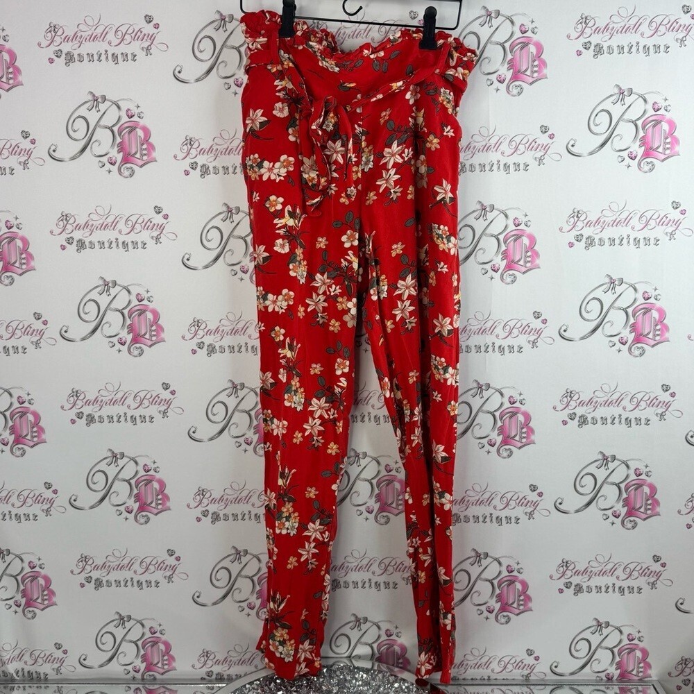 Vero Moda pants tie up belted waist flowers Red and Pink Floral Pants
